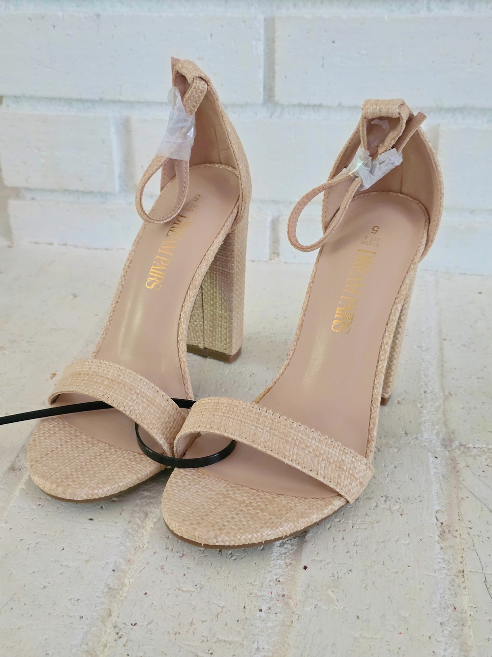 Dream Pairs - Natural Beige Burlap Textured Ankle-Strap Block Heels